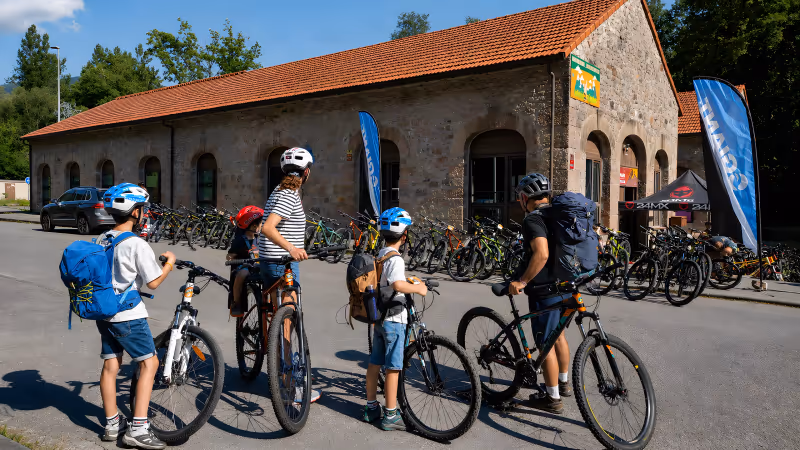 Rental bikes lined up ready to set off for the greenway from Entrago, on the Ruta del Oso