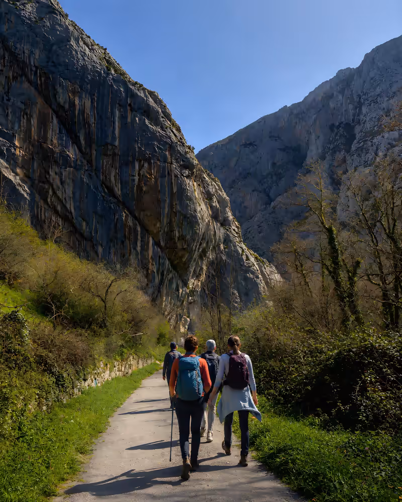 Hikers walking along the Ruta del Oso trail beneath the limestone walls of the gorge
